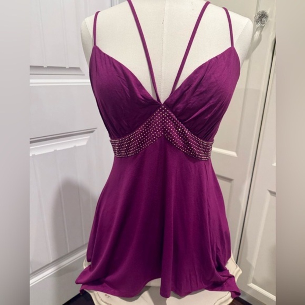 VENUS Womens Sz Large Purple Spaghetti Strap V-Neck Top with Beading Below Bust